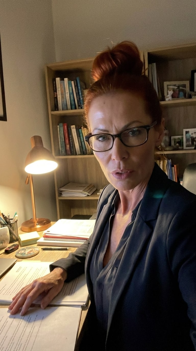 Dr. Lidia Verhoeven leaning into her desk lamp over an open ledger