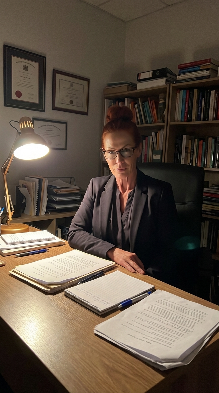 Dr. Lidia Verhoeven at a lamplit desk at night, reviewing a transfer record
